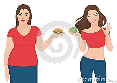 Fat and slim woman before and after weight loss Vector Illustration