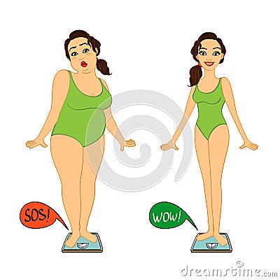 Fat and slim woman on weights scales Vector Illustration