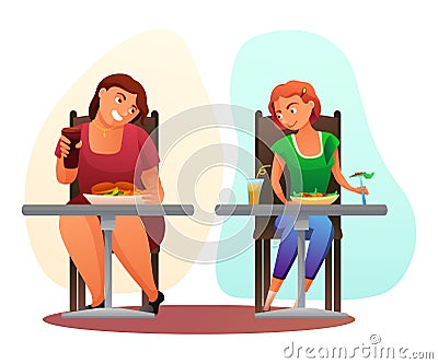 Fat and slim women with different eating habits Vector Illustration