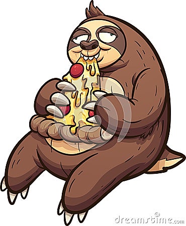 Fat sloth eating a slice of pepperoni pizza Vector Illustration