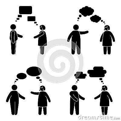 Fat stick figure man, woman speak bubble vector icon set. Obese male, female talking with voice, comment, message, dialog cloud Vector Illustration