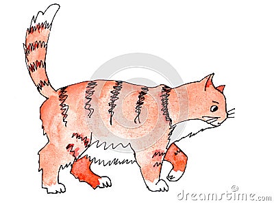 Fat striped ginger cat goes about his business. watercolor drawing Stock Photo