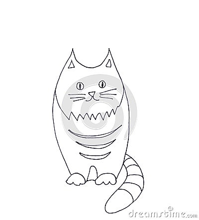 Fat tabby sitting cat, graphic black and white linear drawing on white background Cartoon Illustration