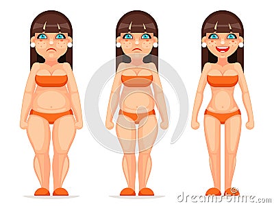 Fat thin female character different stages health diet cartoon design vector illustration Vector Illustration