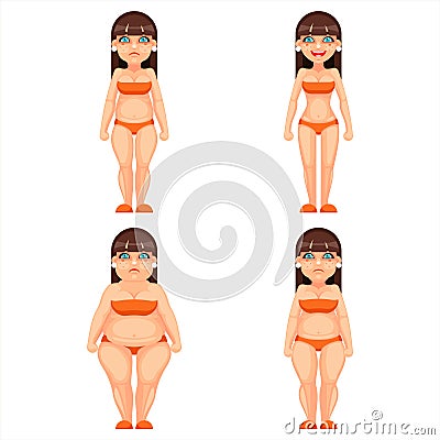 Fat thin female different stages woman health diet cartoon character design isolated on white set vector illustration Vector Illustration