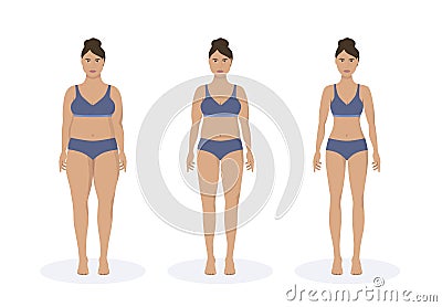 Fat and thin woman weight loss concept. Diet and fitness. Before and after body shape girl measuring slim waist. Vector Illustration