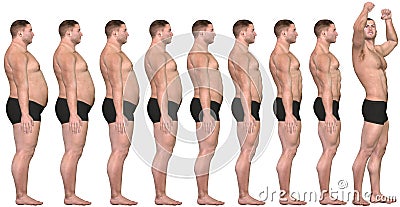 Fat to Fit Before After 3D Man Weight Loss Success Stock Photo