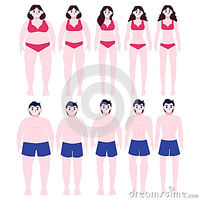 From fat to fit concept. Woman and man with obesity lose weight. Vector Illustration