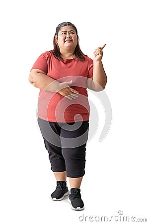 Fat woman asian pointing finger to the side, Stock Photo