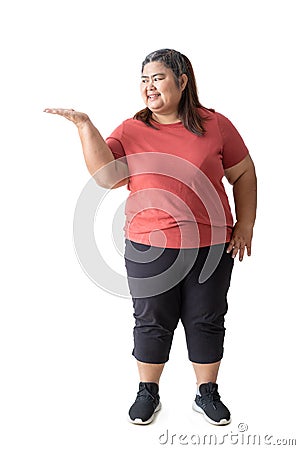 Fat woman asian showing hand blank area for sign or copyspase, Stock Photo