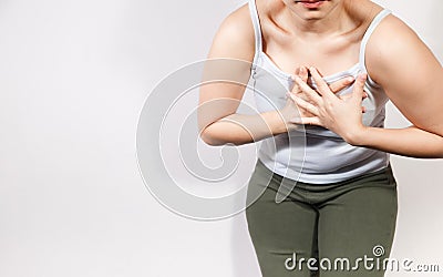 Fat woman chest injury and pain isolated on white background Stock Photo