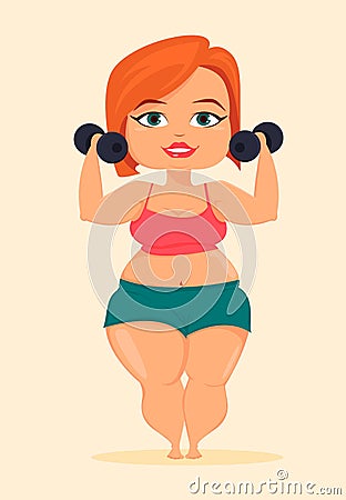 Fat woman doing exercises with dumbbells. Vector Illustration