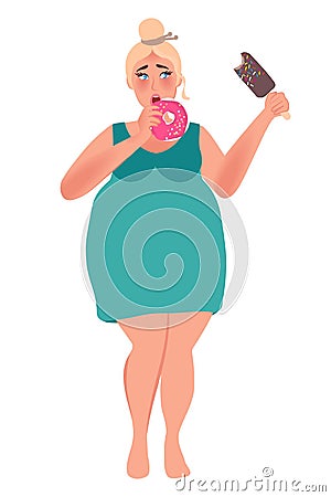 Fat woman eating donut and ice cream. Overweight, obesity, dietetics. Fashion size plus. Vector graphics Vector Illustration