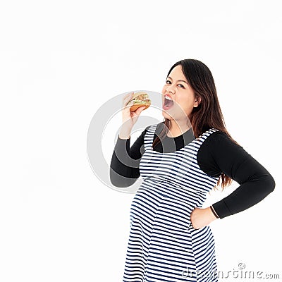 Fat woman eating hamburger in hand Stock Photo