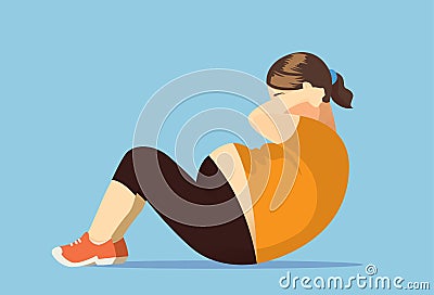 Fat woman exercise with doing sit up. Vector Illustration
