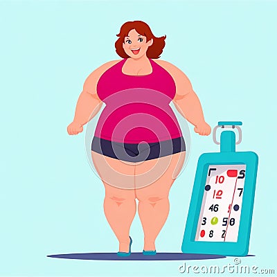 Fat woman fatness to loss weight, overweight cartoon style at gym Stock Photo