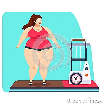 Fat woman fatness to loss weight, overweight cartoon style at gym Stock Photo