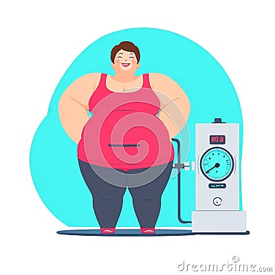 Fat woman fatness to loss weight, overweight cartoon style at gym Stock Photo