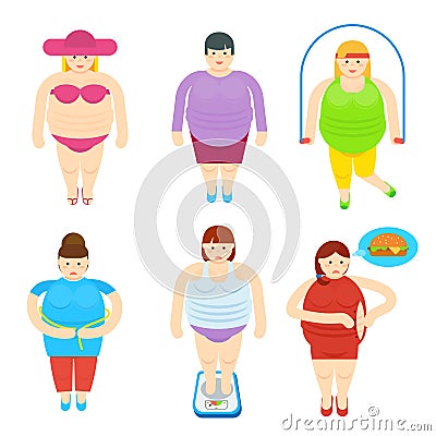 Fat Woman Funny Cartoon Characters Set Vector Illustration