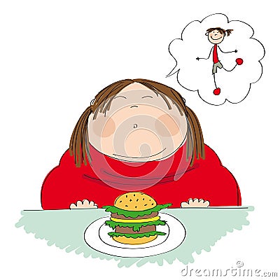 Fat woman with hamburger, dreaming about slim figure Vector Illustration