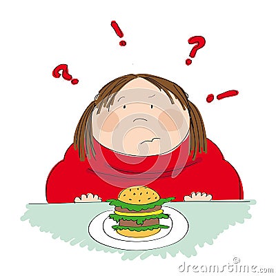 Fat woman with hamburger, trying to decide whether to eat it or not Vector Illustration