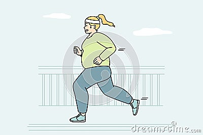 Fat woman makes cardio outdoor to burn calories. Vector Illustration