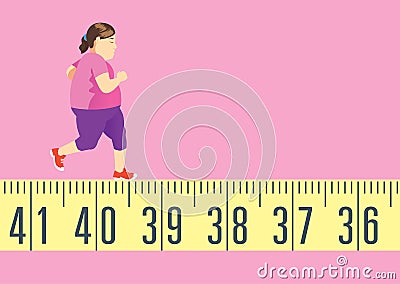 Fat woman running on tape measure for get in shape and lose weight. Vector Illustration