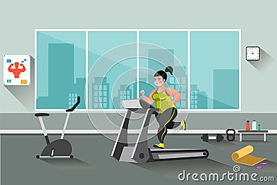 Fat woman running on a treadmill Vector Illustration