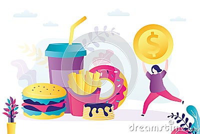 Fat woman runs to buy different junk food. Overweight girl with gold coin buys various unhealthy food Vector Illustration