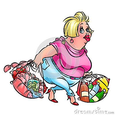 Fat woman shopping products cartoon illustration Cartoon Illustration