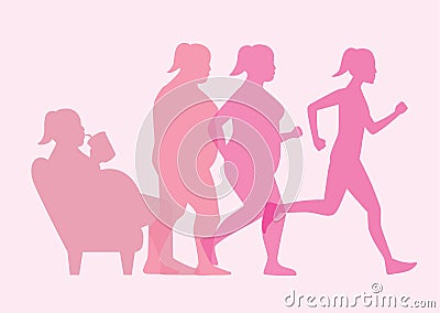 Fat woman stand up from sofa for loss weight with jogging. Vector Illustration