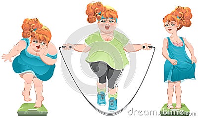 Fat woman stares at the scales. She lost weight. Thin red-haired girl standing on the scales Vector Illustration