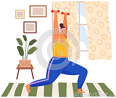 Fat woman training with dumbbells at home. Obese, fat, chubby woman doing weightlifting exercises Vector Illustration