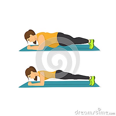 Fat woman training in plank position, successful weight loss concept, before and after Vector Illustration