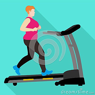 Fat woman treadmill icon, flat style Vector Illustration