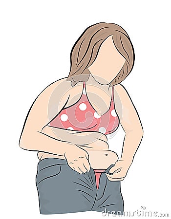 Fat woman trying to fasten her pants. weight loss concept. vector illustration. Vector Illustration