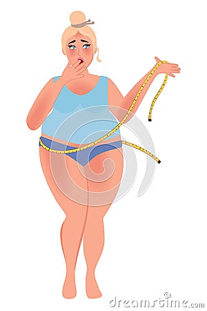 A girl with a curvaceous body measures the waist centimeter. Overweight, obesity, dietetics. Fashion size plus. Vector graphics Vector Illustration