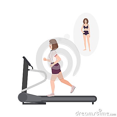 Fat woman wearing fitness apparel running on treadmill. Female cartoon character performing cardio training on exercise Vector Illustration