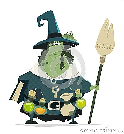 Fat woman witch vector character standing with broom and book Vector Illustration