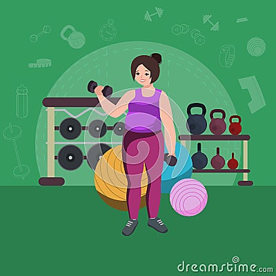 Fat woman. Young pretty cartoon style fitness girl in gym. Vector Illustration