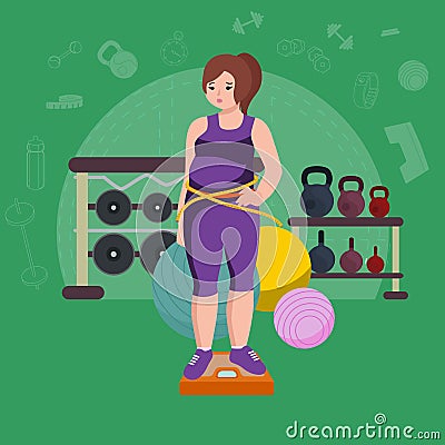 Fat woman. Young pretty cartoon style fitness girl in gym. Vector Illustration