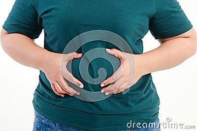 Fat women with big belly have stomach pain risk of colon cancer esophageal cancer Stock Photo