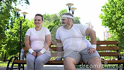 Fat young man acquainting with pretty obese lady sitting in park, confidence Stock Photo