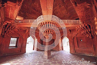 Fatehpur Sikri Agra red sandstone architecture details of pillar structure with lotus top at Agra, India Stock Photo