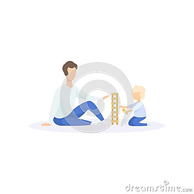 Father ad his kid playing building blocks, family lifestyle concept vector Illustration on a white background Vector Illustration