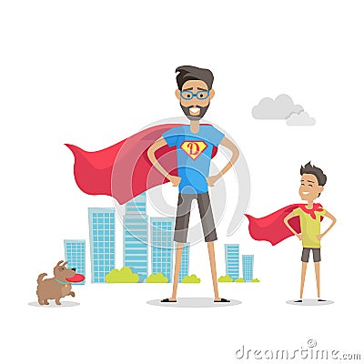 Father and Adorable Son Superheroes. Fatherhood Vector Illustration