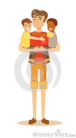 Father carries the child in her arms. Vector Illustration