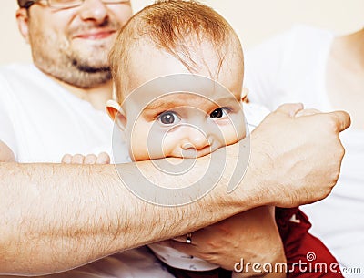 father carrying clothers for baby todler little son crying, unha Stock Photo