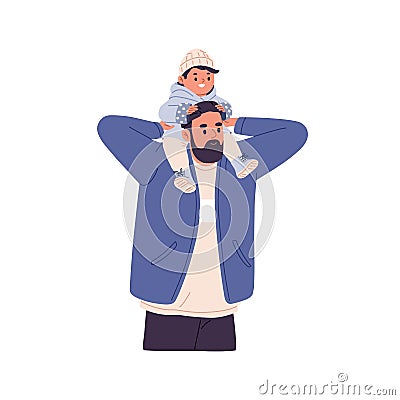 Father carrying happy son baby on neck. Dad and child sitting on shoulders. Daddy and cute little kid together. Man Vector Illustration