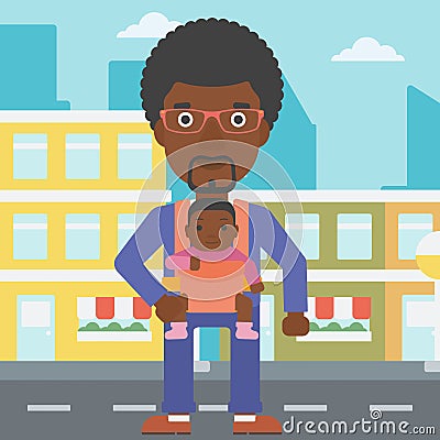 Father carrying his daughter in sling. Vector Illustration